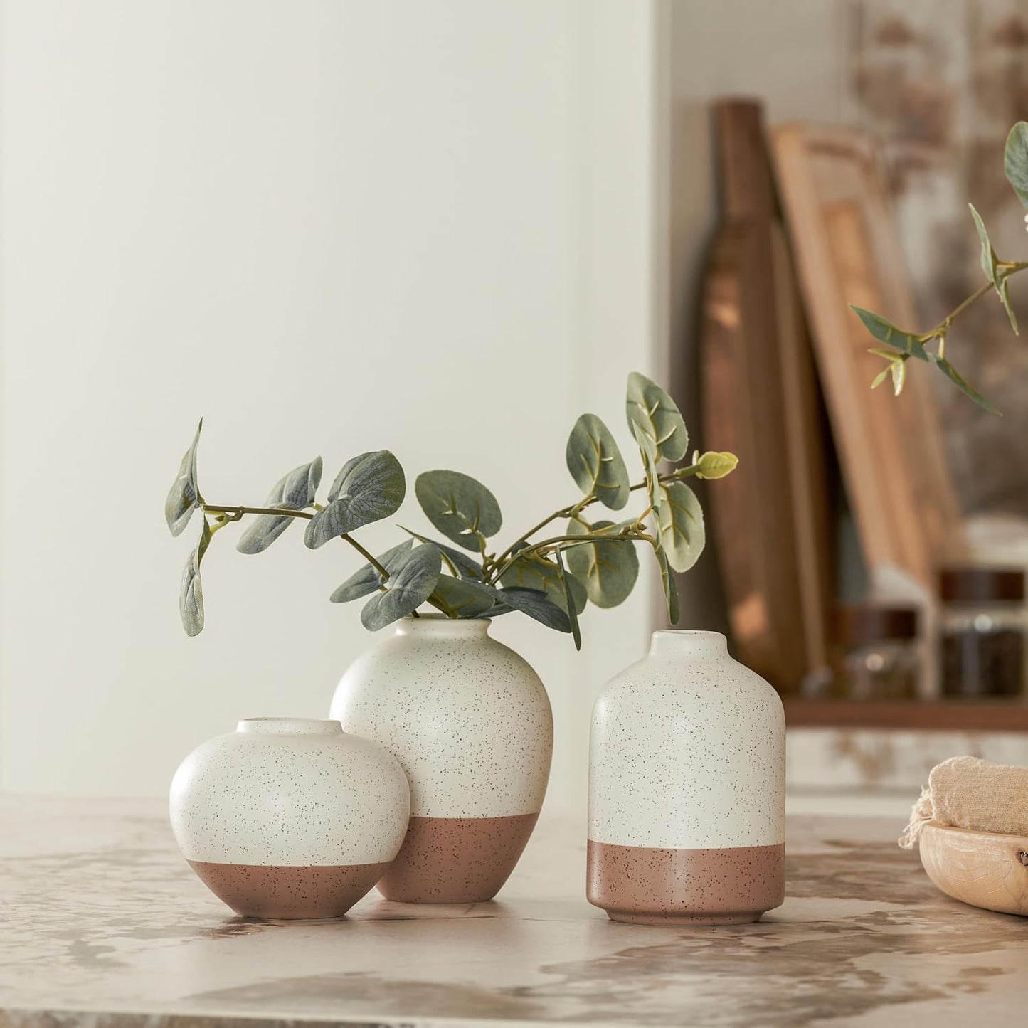 DN DECONATION Flower Vase Set of 3, Small Ceramic Vase Farmhouse Home Decor | Rustic Vases for Pampas Grass Dried Fresh Flowers, Living Room, Kitchen, Bedroom, Bathroom, Mantel Table Decor, Beige & Brown