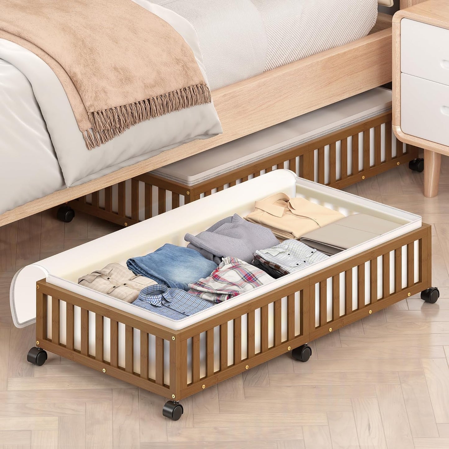 Bamboo Under Bed Storage Containers with Wheels, 2 Pack Under the Bed Shoe Storage Bins, Wood Rolling Underbed Drawers with Bag Organizer for Bedroom, Sheets Clothes Blanket Comforter, Under Crib Toy