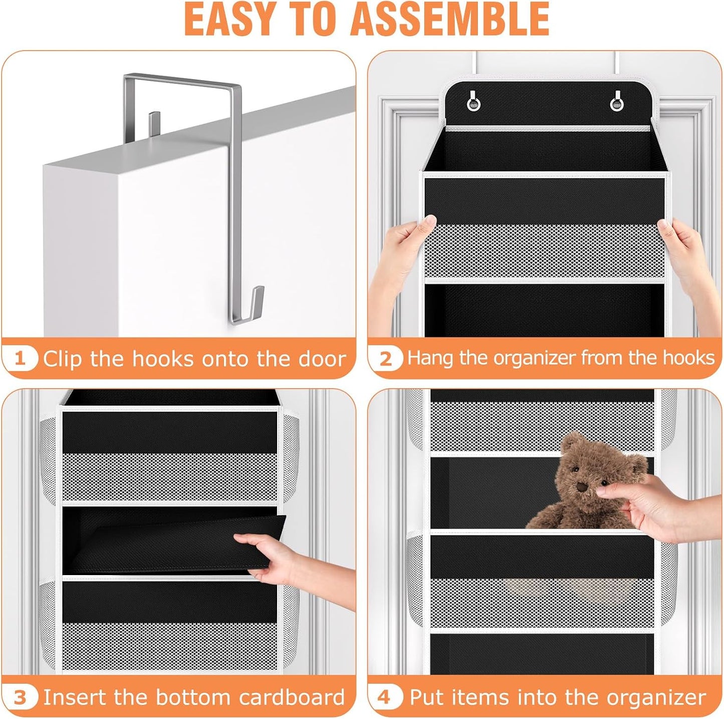WISELIFE Over The Door Organizer Storage 4 Shelves Large Capacity Hanging Bedroom Storage Solution with 6 Side Pockets for Dorm Bathroom Pantry Nursery and Baby Essentials Holds up to 40 Lbs (Black)