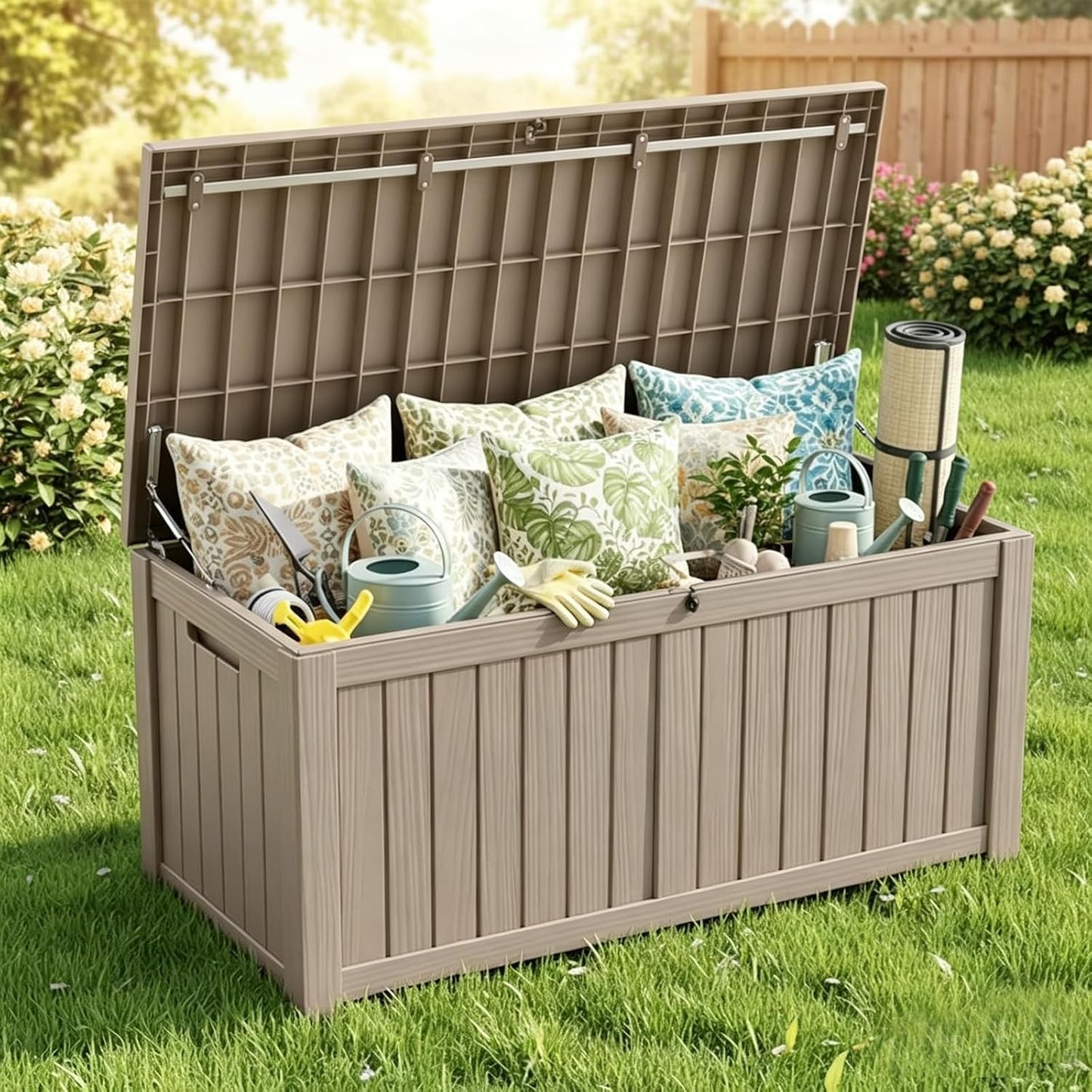 MAKINO 152 Gallon Resin Outdoor Storage Box, Waterproof Deck Box with Lockable Lid, Outside Storage Box for Patio Furniture, Pool Accessories, Garden Tools, Storage Bench for Backyard, Porch, Black
