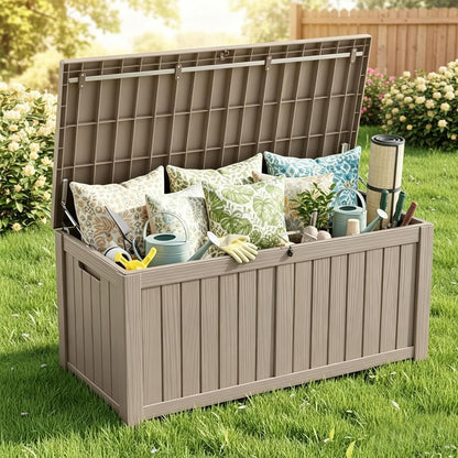 MAKINO 152 Gallon Resin Outdoor Storage Box, Waterproof Deck Box with Lockable Lid, Outside Storage Box for Patio Furniture, Pool Accessories, Garden Tools, Storage Bench for Backyard, Porch, Black