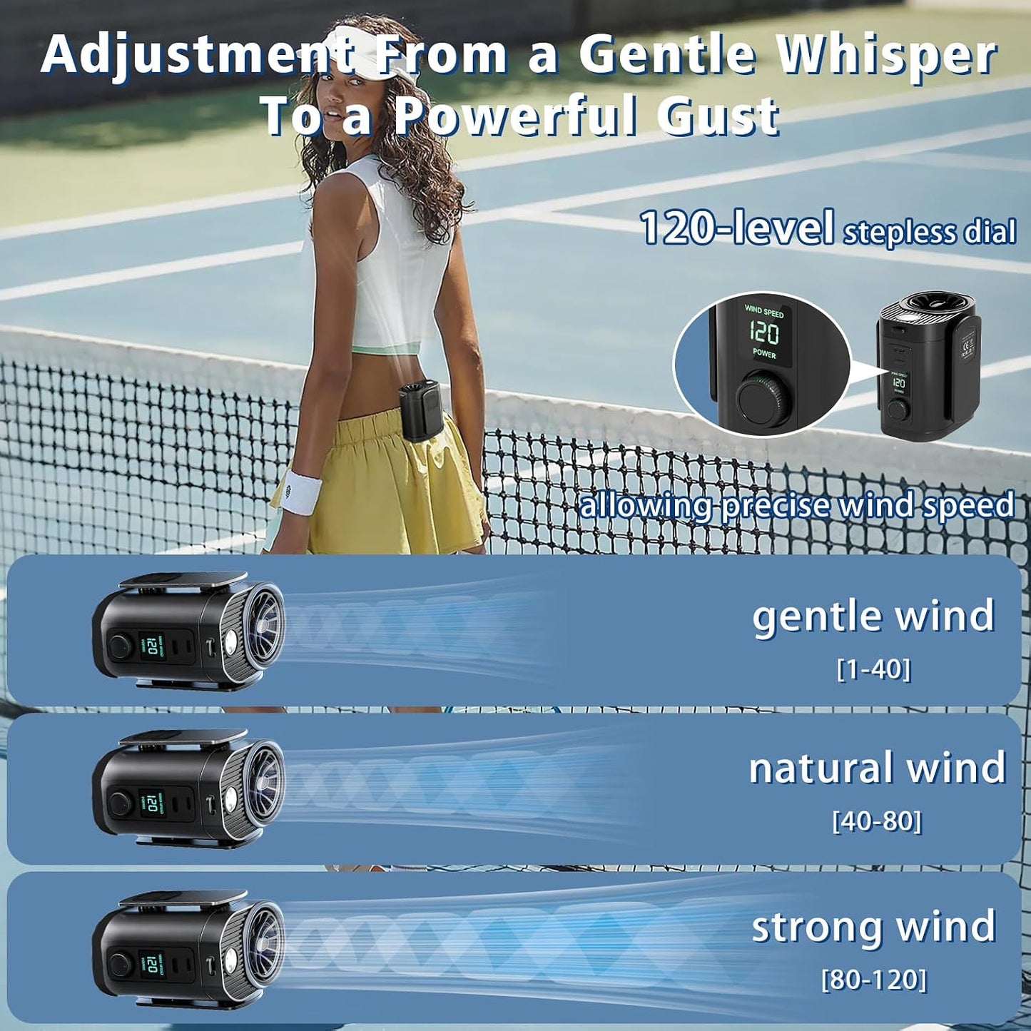 Portable Fan,120-Speed Adjustable Waist Clip Fan Turbo Cooling, Rechargeable Clip-On Personal Fan with LED flashlight,for Outdoor,Travel,Camping