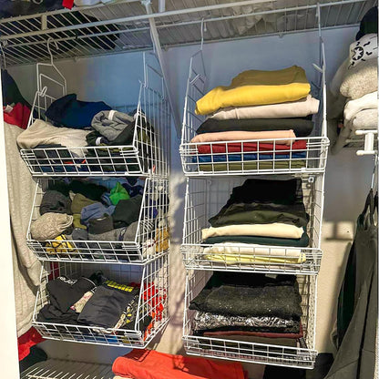 X-cosrack 3-Tier Hanging Closet Organizer, Laundry Room Organization | Space Saving Shelves with 1.65" Hook & 5 S-Hooks | Hanging Wire Baskets (12.4" W x 8.8" H x 10.24-11.8" D)