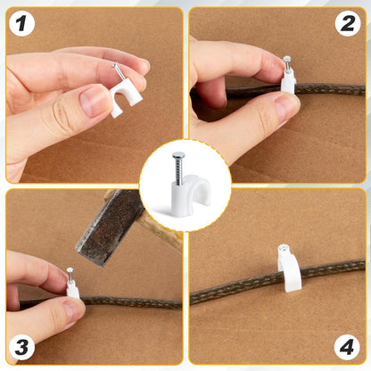Cable Wire Clips - 100 Pcs White Cable Clips 8mm 10mm Wire Staples Wall Cables Management with Steel Nails Cord Holder for Wires, Ethernet, Cord Organization