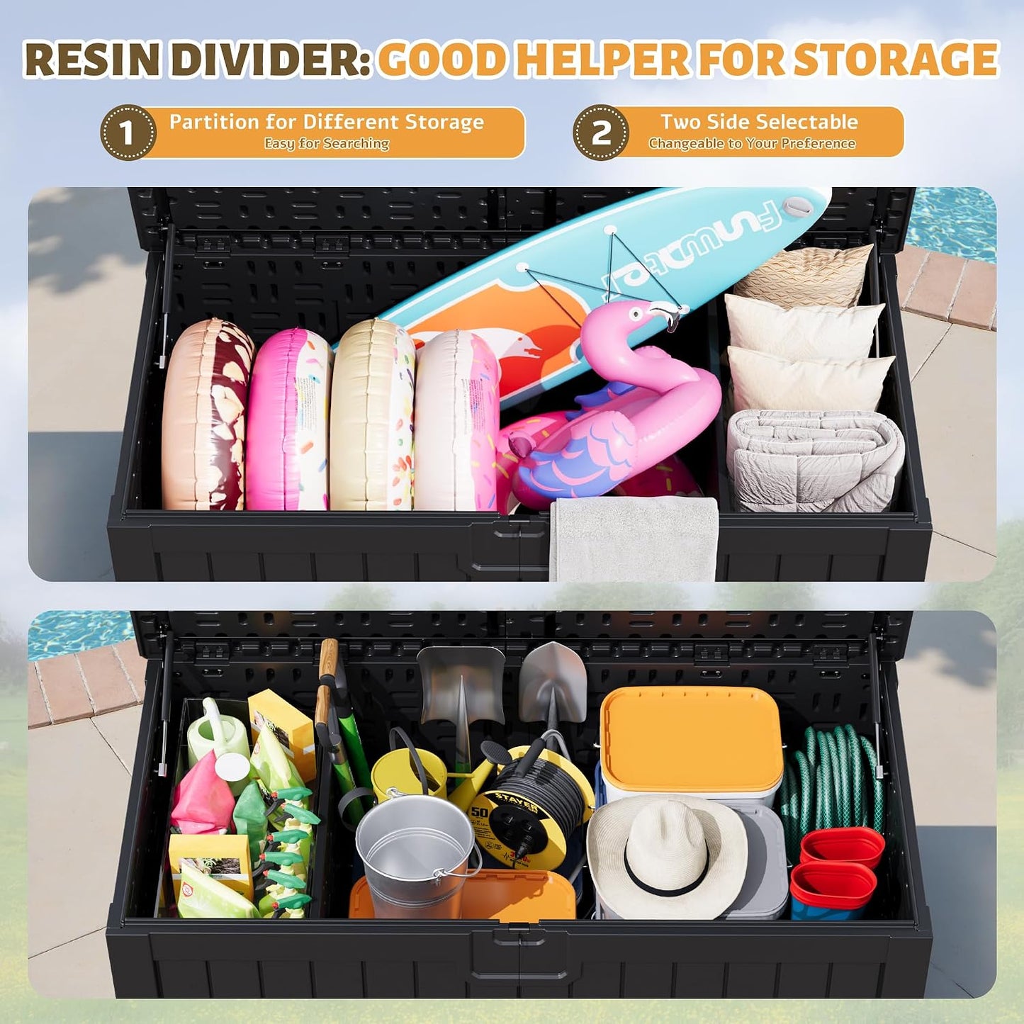Flamaker Resin Deck Box 120 Gallon Waterproof Large Outdoor Indoor Storage Box Imitation Wood Resin for Patio Furniture Garden Tools and Pool (Black)