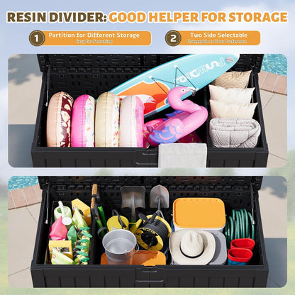 Flamaker Resin Deck Box 120 Gallon Waterproof Large Outdoor Indoor Storage Box Imitation Wood Resin for Patio Furniture Garden Tools and Pool (Black)