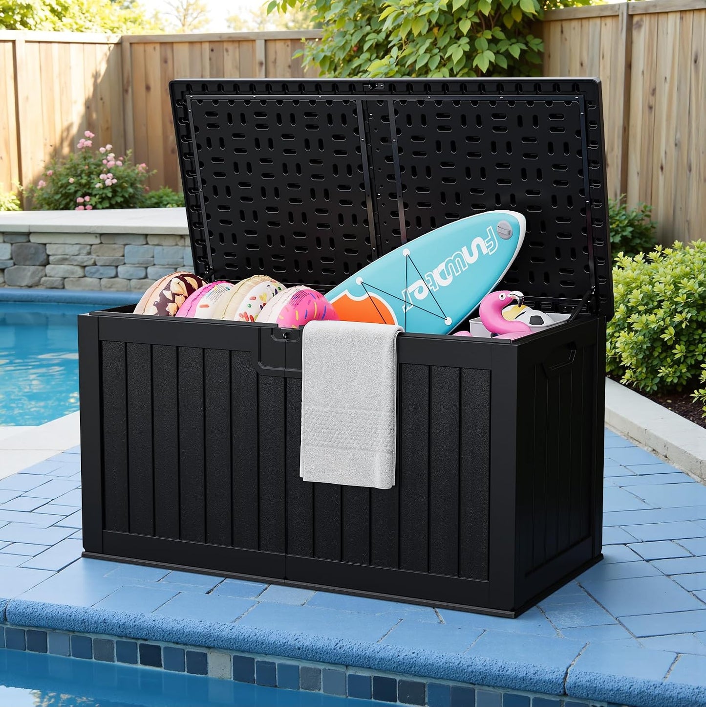 JUMMICO 31 Gallon Resin Deck Box Waterproof Indoor Outdoor Storage Boxes for Patio Furniture Cushions and Garden Tools (Brown)