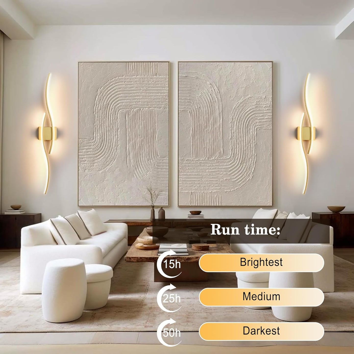 KARTOOSH Battery Operated Wall Sconces Set of Two with Remote Control, Dimmable/3 Colors/Night-Light/Timer/Memory, Gold Modern Wireless LED Sconce for Living Room, Hallway, Bedroom, 27.5 Inch (2 Pack)
