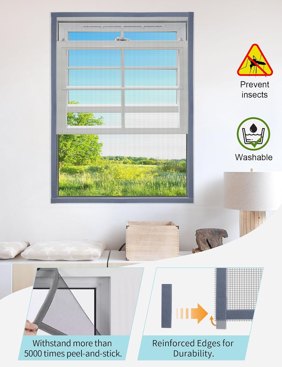 Homealexa DIY Window Screen Kit, Max 51"x 59" Adjustable Mosquito Mesh with Reinforced Edge, Thick Self-Adhesive Temporary Nylon Window Screens Replacement