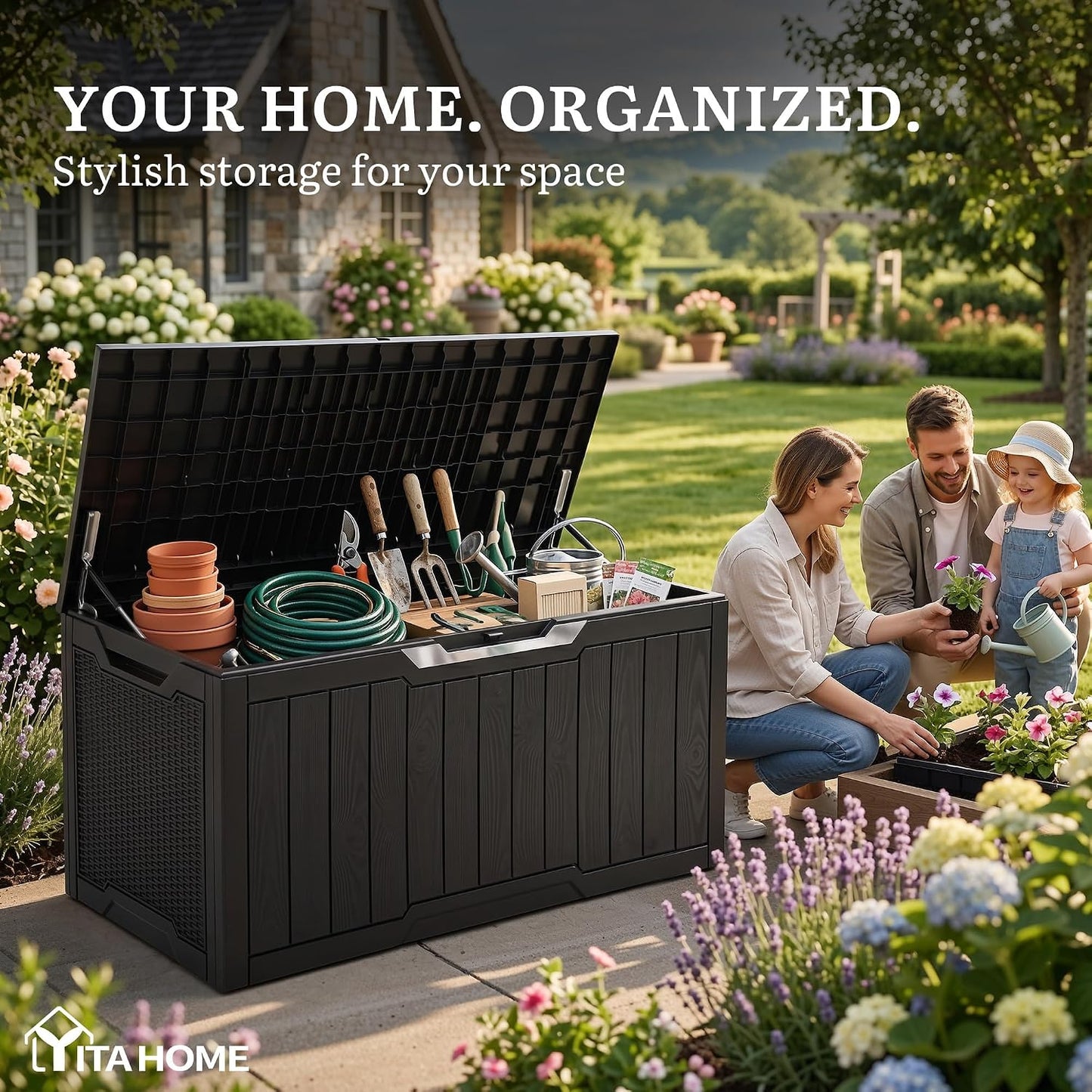 YITAHOME 100 Gallon Large Outdoor Deck Box | Waterproof Resin Storage Box, Lockable Indoor Outdoor Storage Container for Patio Furniture Cushions, Pool Accessories