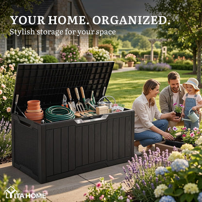 YITAHOME 100 Gallon Large Outdoor Deck Box | Waterproof Resin Storage Box, Lockable Indoor Outdoor Storage Container for Patio Furniture Cushions, Pool Accessories