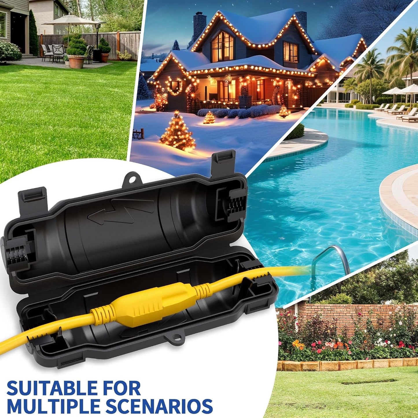2 Pack Outdoor Extension Cord Safety Cover with Waterproof Seal IP54 Water-Resistant, Weatherproof Electrical Connection Box with 2 Latches, Plug, Socket, Holiday Decoration Light, Black