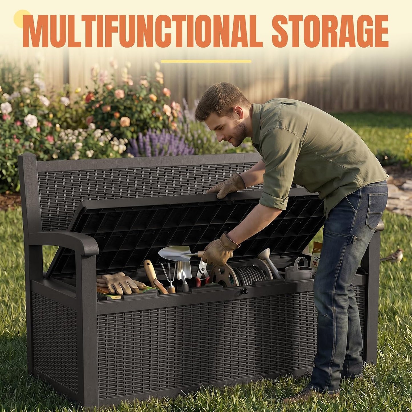 Storage Bench Outdoor Deck Box,100 Gallon Waterproof & UV Resistant Lockable Patio Furniture Seating.Indoor/Outdoor Shoe Storage Cabinet for Garden Cushions,Tools,Patio,Pool Supplies(Black)