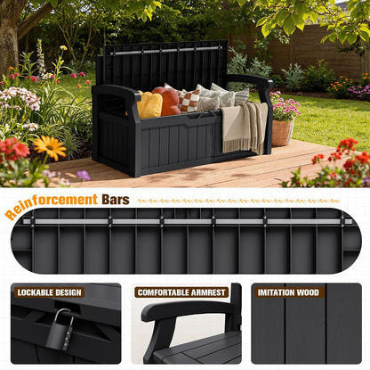 JUMMICO 80 Gallon Resin Outdoor Storage Bench, Large Deck Box with Armrest, Lockable&Waterproof for Garden, Home, Patio, Pools (Black, 80 Gallon)