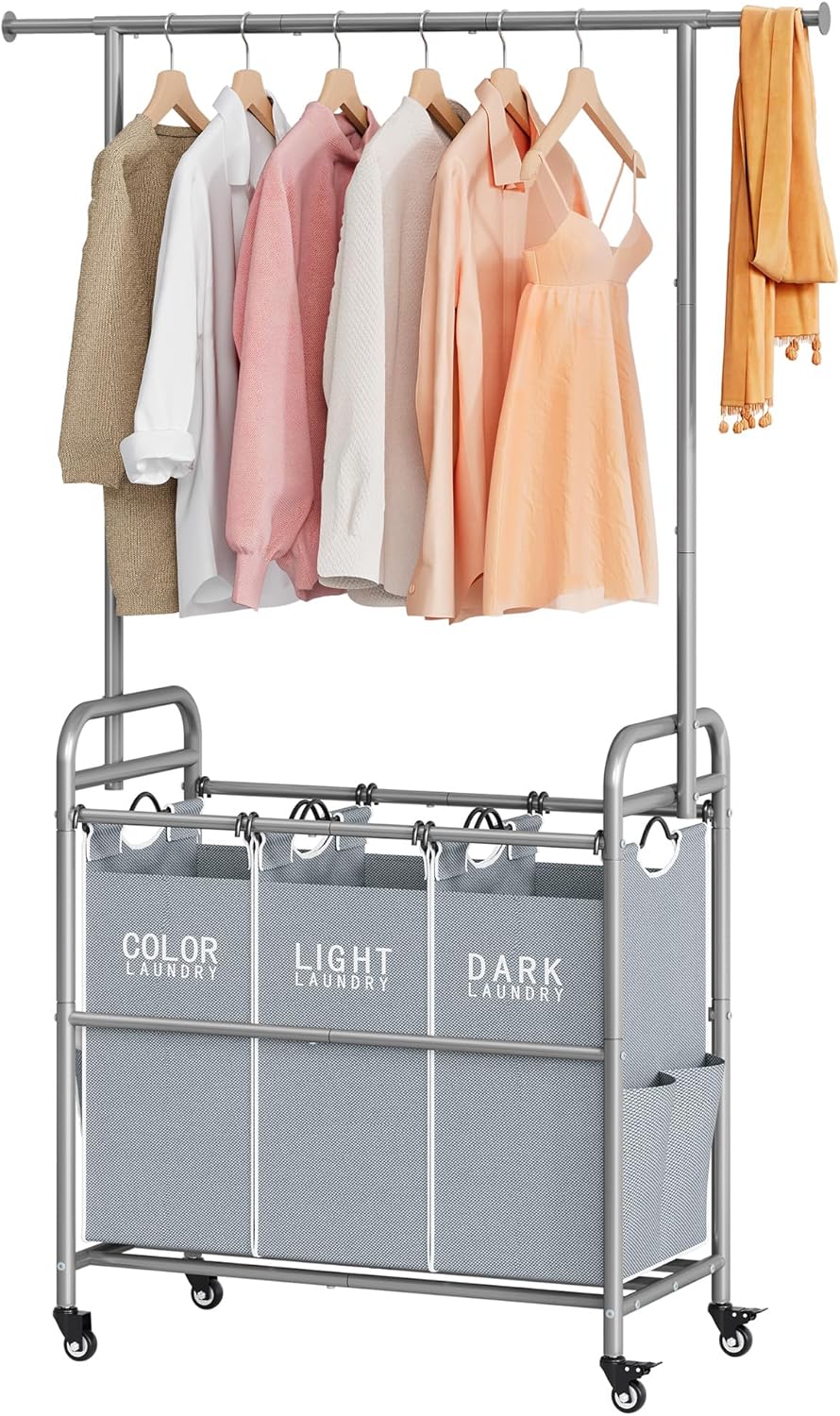 Tajsoon Laundry Hamper with Hanging Rack, 3 Section Laundry Sorter with Heavy Duty Lockable Wheels, Laundry Basket Organizer for Dirty Clothes Storage, 3 Beige