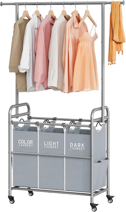 Tajsoon Laundry Hamper with Hanging Rack, 3 Section Laundry Sorter with Heavy Duty Lockable Wheels, Laundry Basket Organizer for Dirty Clothes Storage, 3 Beige