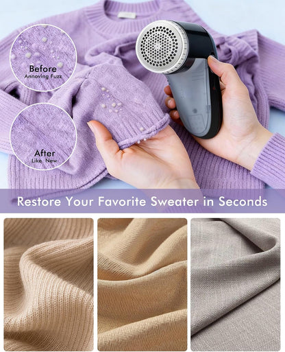 Ruidla Fabric Shaver Lint Shaver Defuzzer, Electric Lint Remover, Rechargeable Sweater Shaver with Replaceable Stainless Steel 3-Leaf Blades, Dual Protection, Removable Bin, (Micro-b Charging)