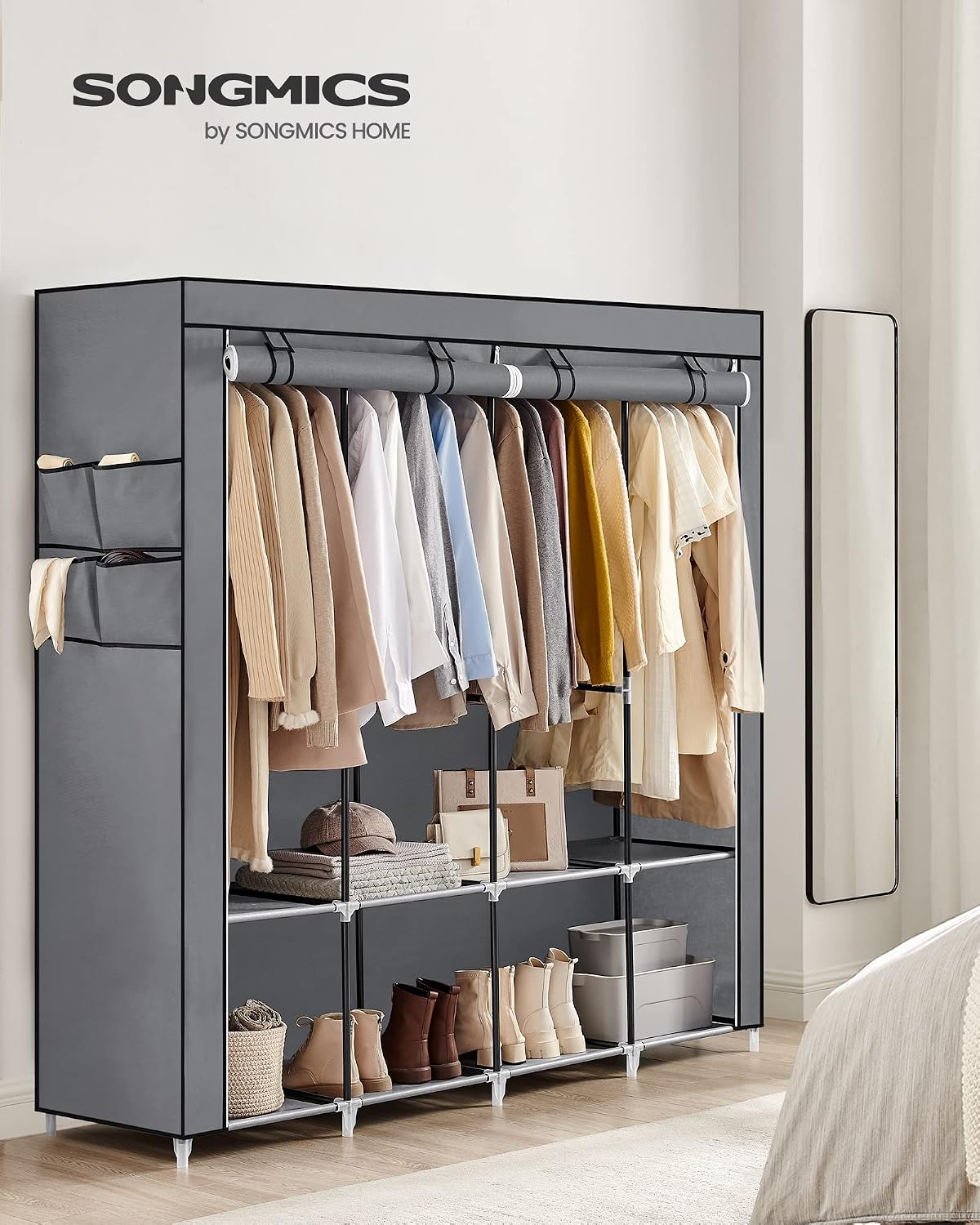 SONGMICS Portable Closet, Wardrobe Closet Organizer with Cover, 3 Hanging Rods and Shelves, 4 Side Pockets, 51.2 x 17.7 x 65.7 Inches, Large Capacity for Bedroom, Living Room, Ink Black URYG092B02