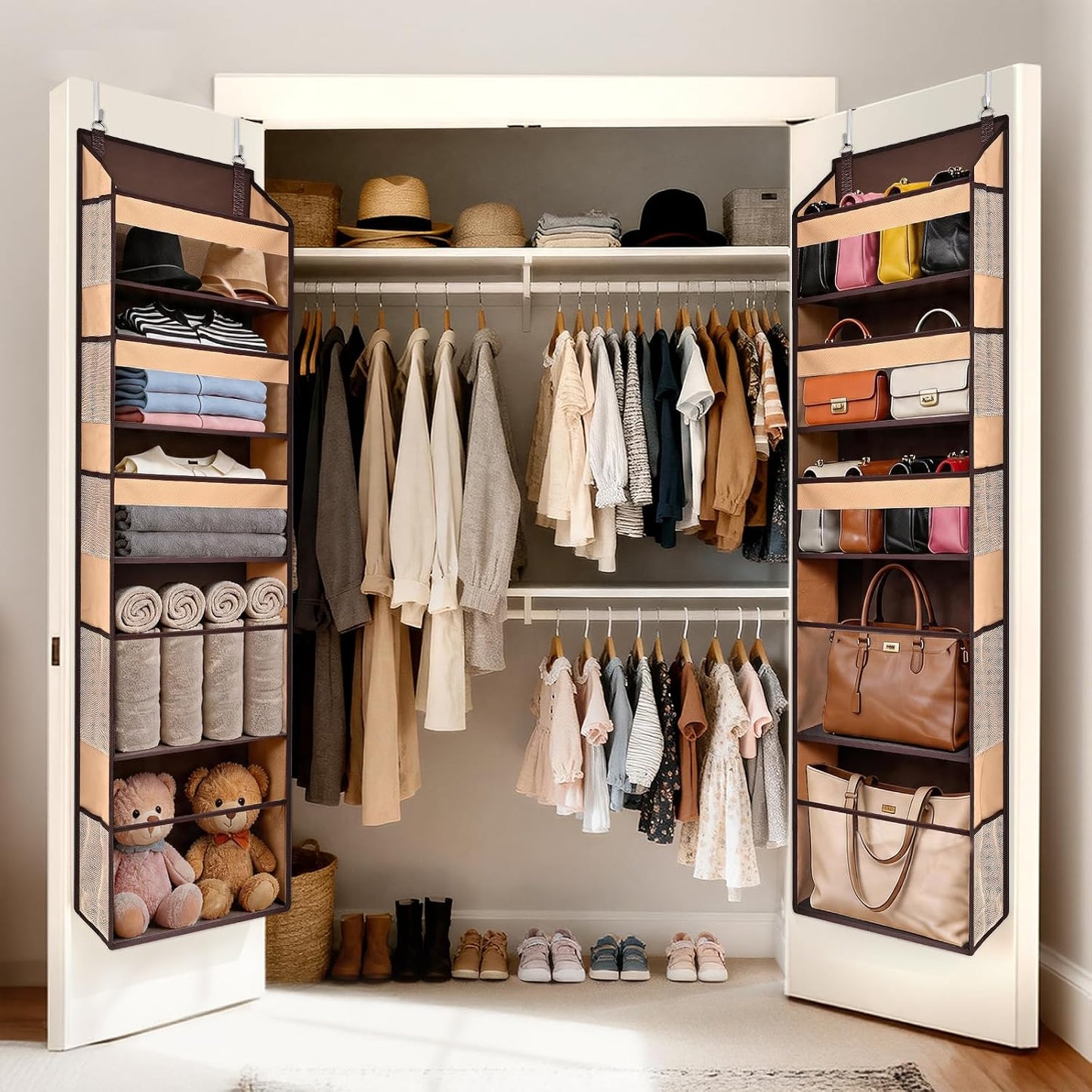 5 Tiers Over the Door Organizer with 10 Mesh Side Pockets, 44 lbs Weight Capacity Closet Hanging Storage Organizer with Large Clear Window Kids Toys, Shoes, Diapers, Beige