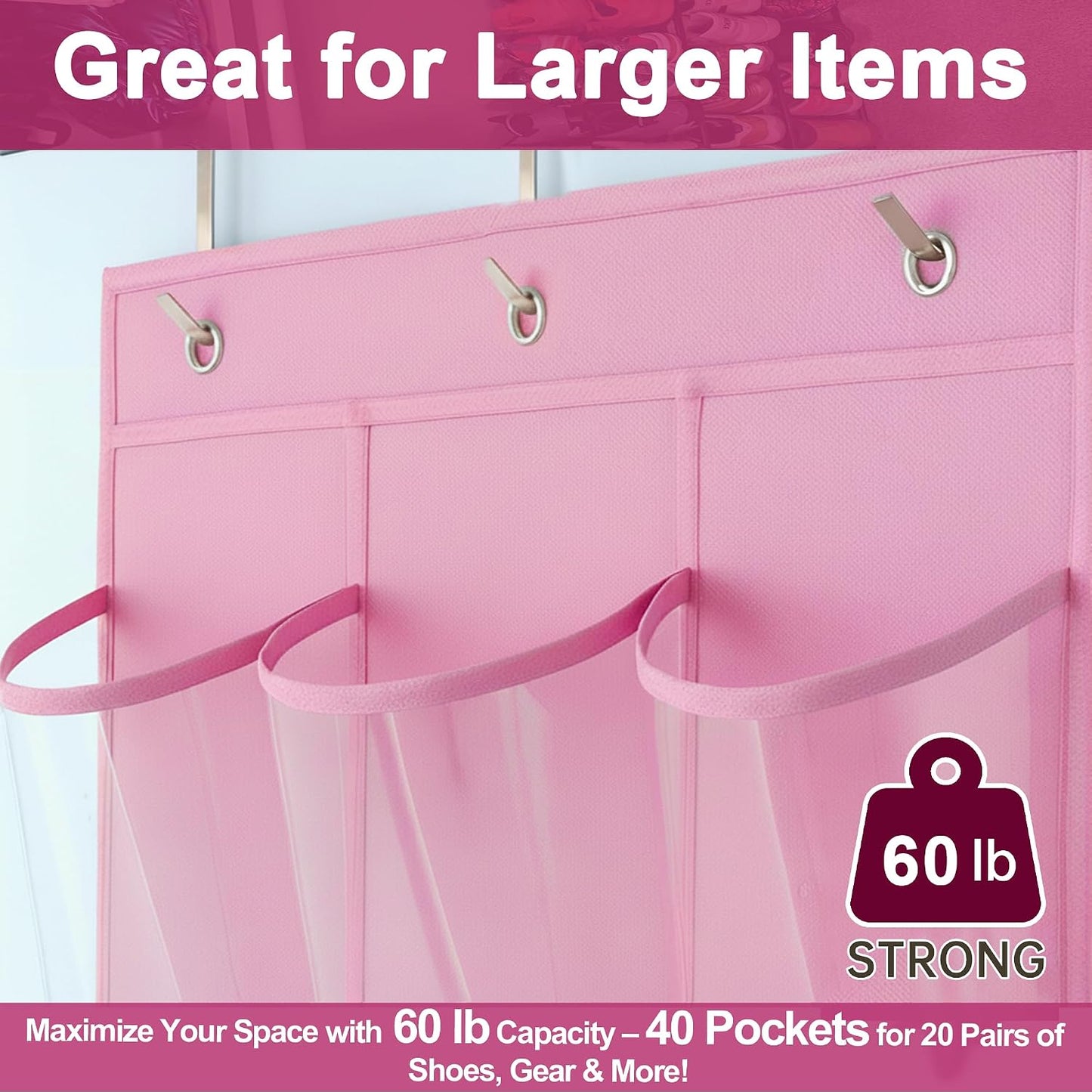 40 Pockets Over the Door Shoe Organizer – Waterproof Hanging Shoe Holder for Closet & Bathroom – Space-Saving Clear PVC Door Shoe Rack for Shoes, Toys, Toiletries & Snacks (White)