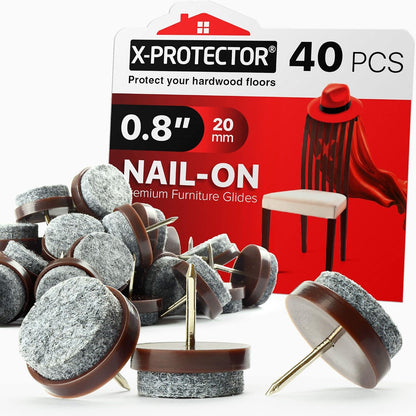 Nail-on Felt Pads X-PROTECTOR 40 PCS - 0.85" Felt Furniture Pads - Brown Chair Leg Floor Protectors - Nail in Furniture Pads for Furniture Legs - The Best Felt Chair Pads for Hardwood Floors (22mm)!