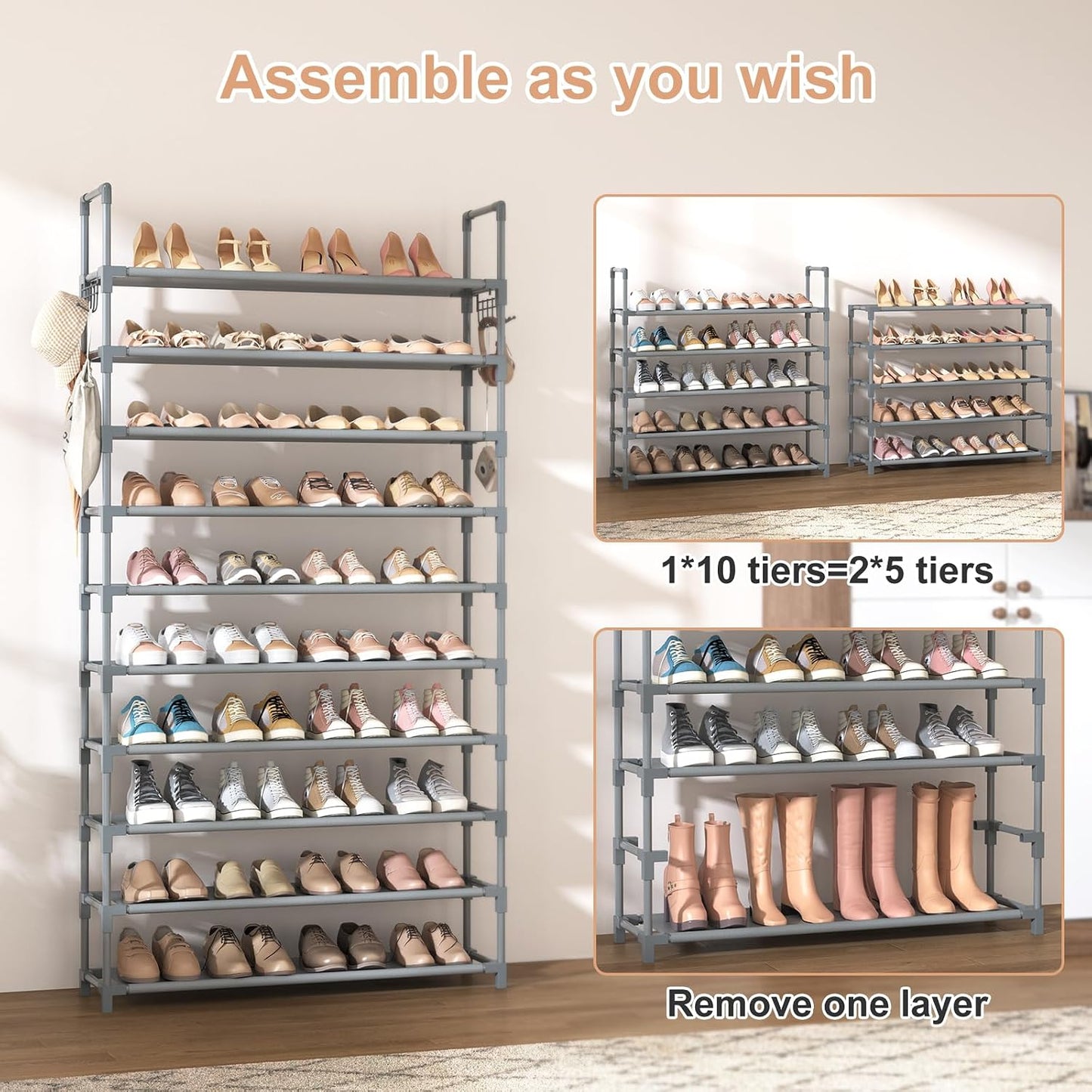VTRIN 10 Tiers Tall Shoe Rack Holds 20-25 Pairs of Shoes Sturdy Vertical Shoe Organizer with 18pcs Hooks Stackable Narrow Shoe Rack for Closet, Entryway Black
