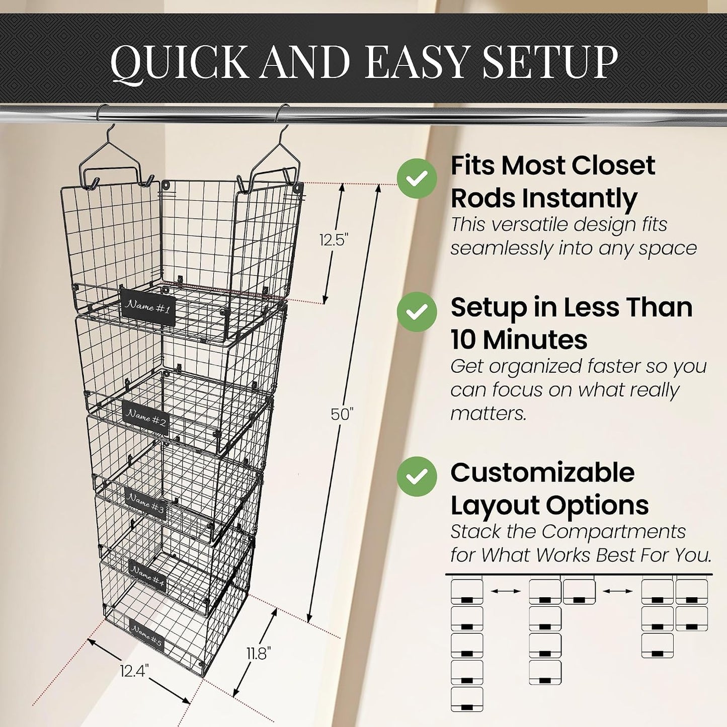 DECOLURE 5-Tier Adjustable Hanging Closet Organizer – Maximize Hanging Storage w/ 4 Hanging Hooks, 8 S Hooks & 5 Name Plates - Sturdy Foldable Wire Storage Hanging Shelves for Clothes, Towels (White)