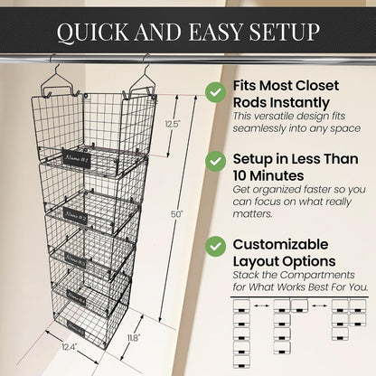 DECOLURE 5-Tier Adjustable Hanging Closet Organizer – Maximize Hanging Storage w/ 4 Hanging Hooks, 8 S Hooks & 5 Name Plates - Sturdy Foldable Wire Storage Hanging Shelves for Clothes, Towels (White)