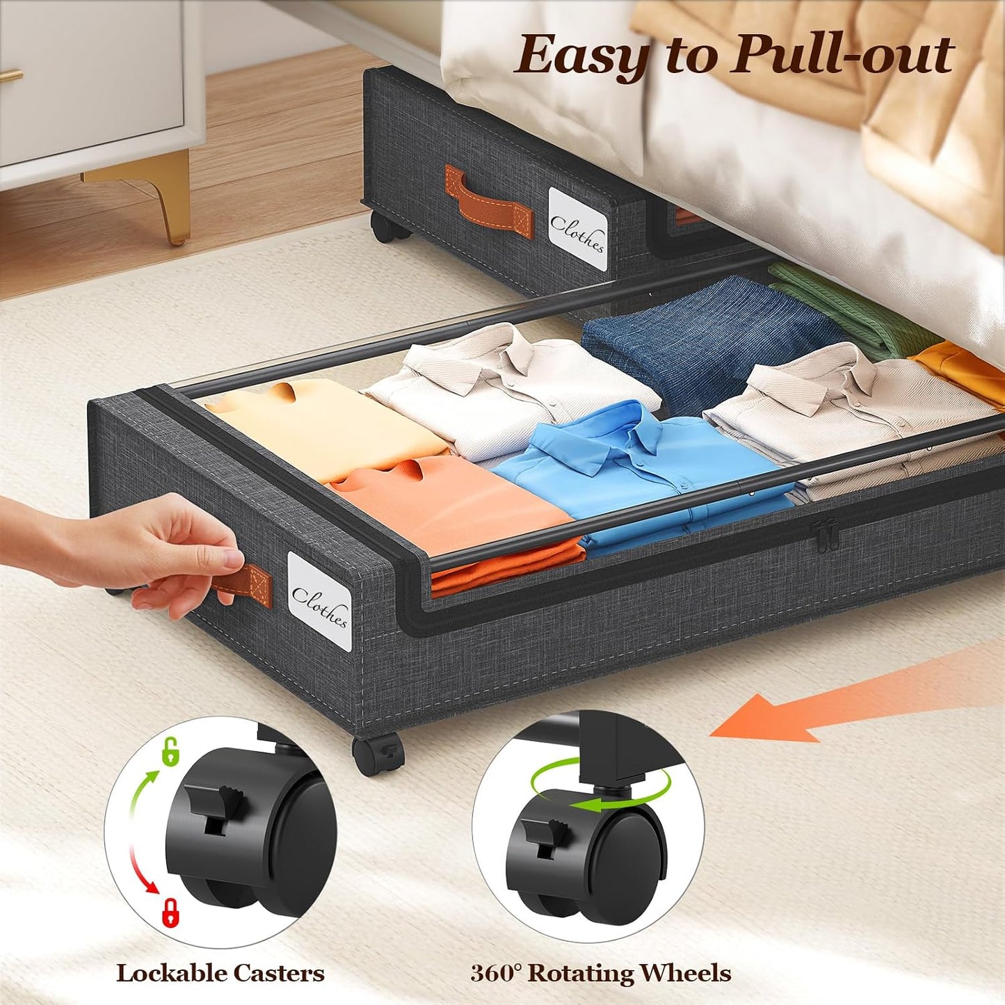 Yecaye Under Bed Storage with Wheels, 2 Pack Under Bed Storage Containers, 60L Underbed Shoe Storage with Clear Window & Label, Rolling Under Bed Metal Drawer for Clothes, Shoes, Books, Blankets