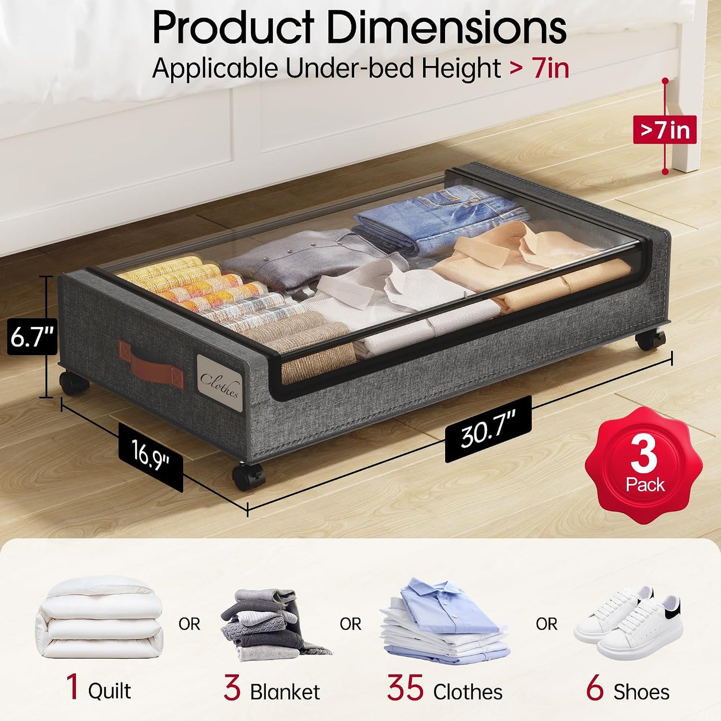 Yecaye Under Bed Storage with Wheels, 2 Pack Under Bed Storage Containers, 60L Underbed Shoe Storage with Clear Window & Label, Rolling Under Bed Metal Drawer for Clothes, Shoes, Books, Blankets