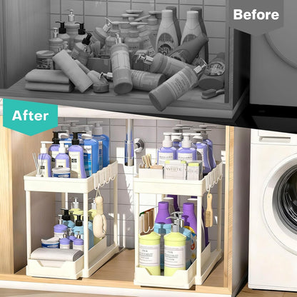 Under Sink Organizers and Storage 2 Pack, Pull-Out Sliding Cabinet Organizer with 2-Tier Storage Shelf & 4 Hooks, Multi-Purpose for Kitchen & Bathroom (13 Inch, White)