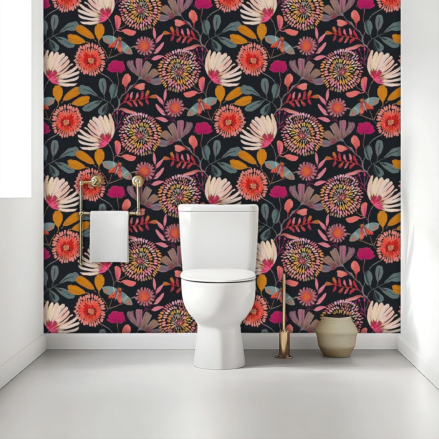 Wallpaper Peel and Stick Floral Wall Paper Removable Waterproof Navy/Pink/Orange Contact Paper for Bedroom, Bathroom,Bathroom, Home Wall 17.3" x 118"