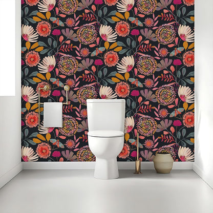 Wallpaper Peel and Stick Floral Wall Paper Removable Waterproof Navy/Pink/Orange Contact Paper for Bedroom, Bathroom,Bathroom, Home Wall 17.3" x 118"