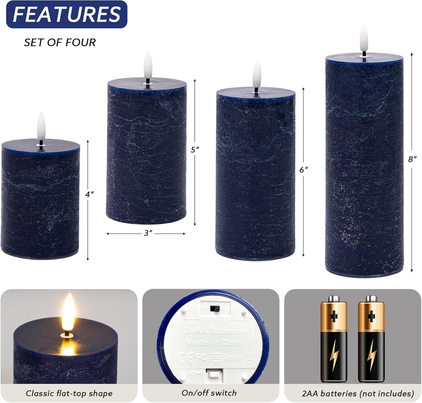 Flickering Flameless Candles, Real Wax Battery Operated Candles with Remote, Flat Top Led Flameless Pillar Candles for Home, Wedding, Party Decor, Set of 4, Φ 3" H 4" 5" 6" 8", Ivory
