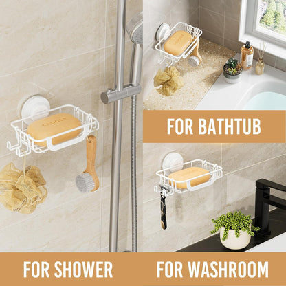 LEVERLOC Bar Soap Holder for Shower with Hooks, Suction Cup Soap Dish Rustproof Stainless Steel for Bathroom Accessories, Sponge Saver Black