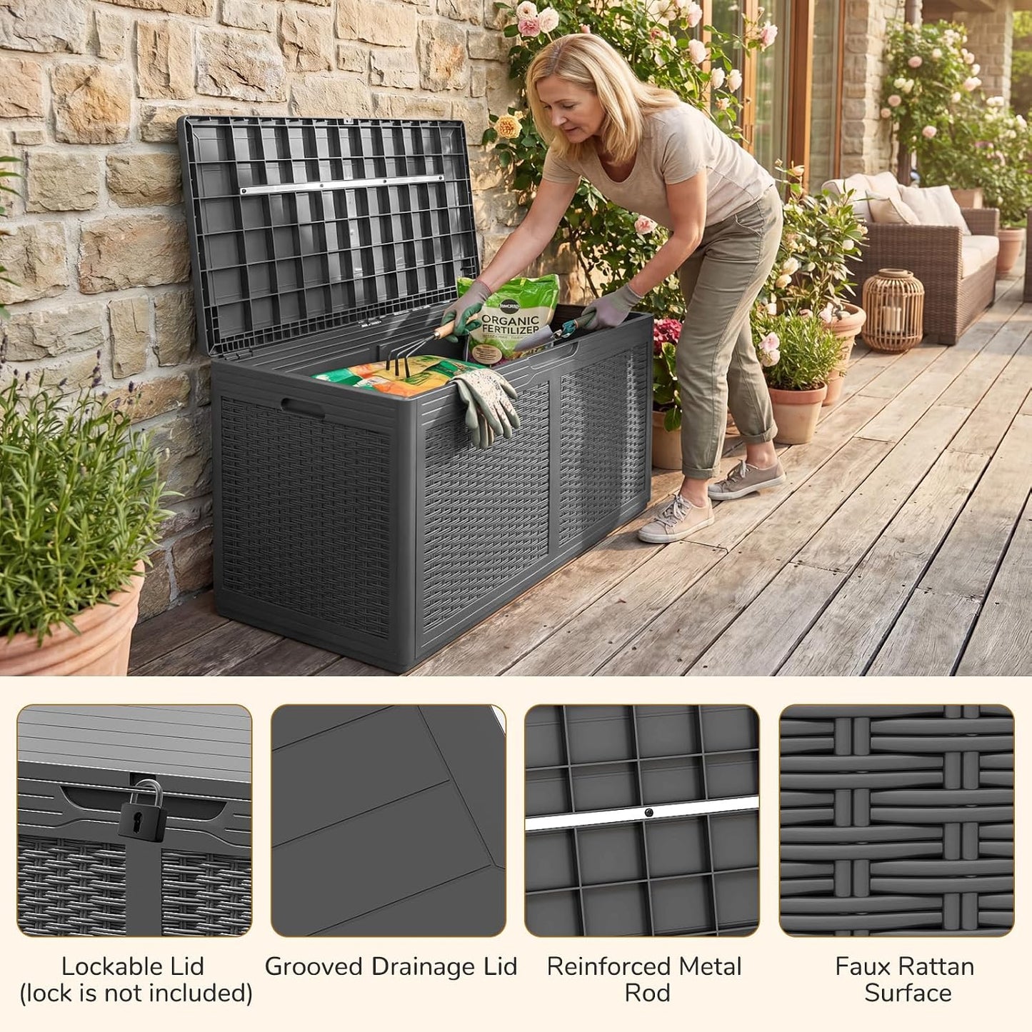 Tangkula 100 Gallon Outdoor Storage Box, Lockable Outdoor Storage Bench with 2 Smooth Wheels, Faux Rattan Surface, Waterproof Resin Deck Box for Outside Poolside Patio Garden (Brown)