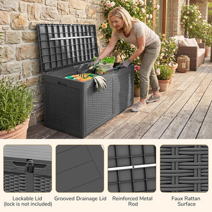 Tangkula 100 Gallon Outdoor Storage Box, Lockable Outdoor Storage Bench with 2 Smooth Wheels, Faux Rattan Surface, Waterproof Resin Deck Box for Outside Poolside Patio Garden (Brown)