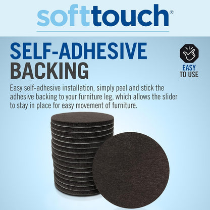 SoftTouch 1.5" Round Reusable Felt Furniture Sliders for Hard Surfaces, Noise-Reducing Adhesive Moving and Protective Pads for Cabinets, Chairs, Tables & Decorative Items Set of 48, Brown