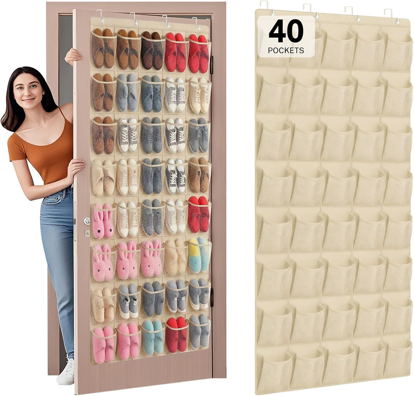 40 Large Mesh Pocket Over the Door Shoe Organizer,Hanging Shoe Rack for Door,Hualleko Shoes Organizer Hanger with Large Capacity, Shoes Storage Holder Sturdy Non-woven Fabric - Stores 20 Pairs (White)