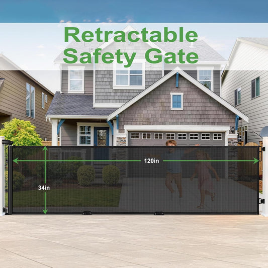FRUITEAM 120" Wide Outdoor Waterproof Retractable Gate for Dogs & Kids – Ground Stakes, Easy One-Hand Operation, Scratch-Resistant & Tear-Proof Mesh for Indoor/Outdoor Use on Garage, Driveway – Black