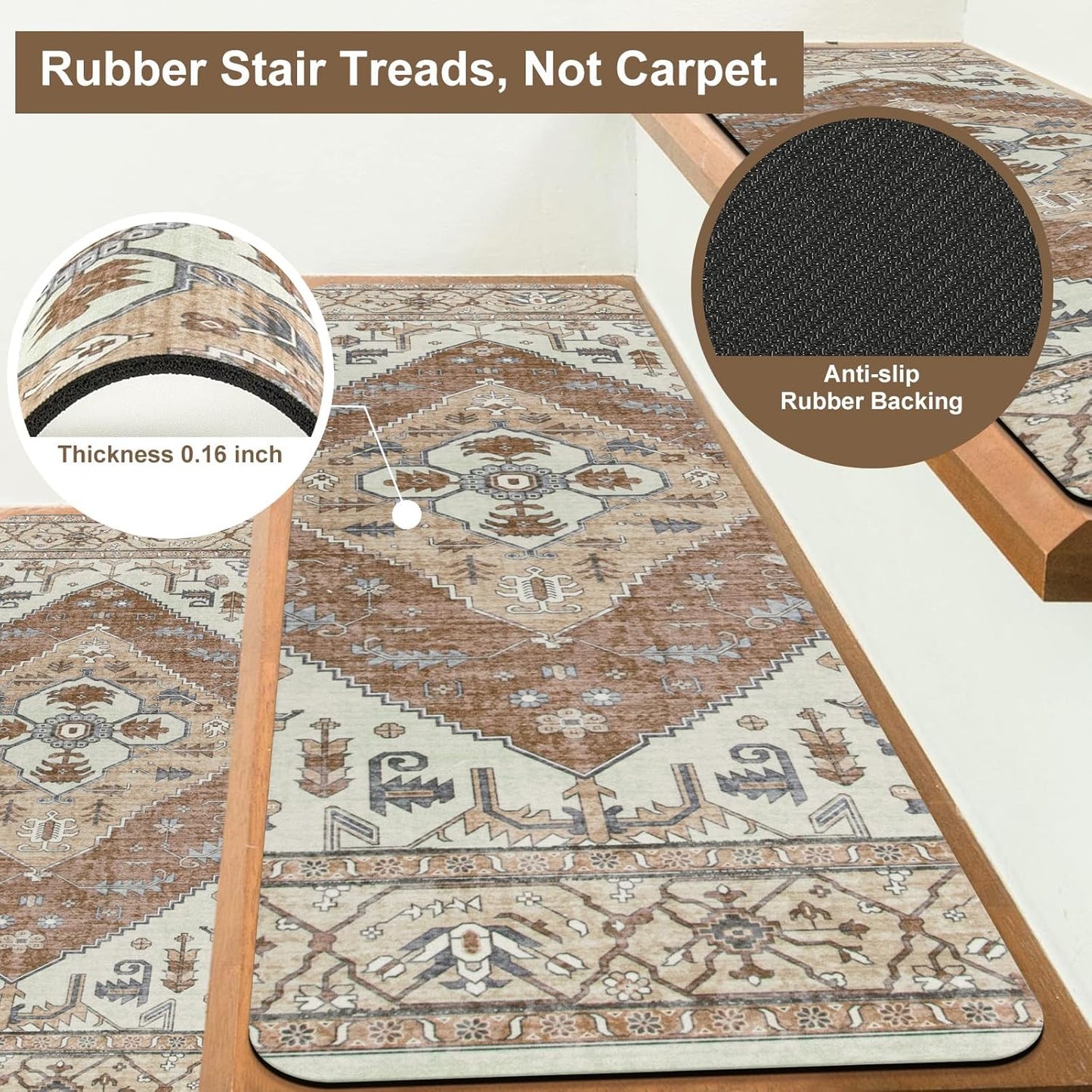OJIA Non-Slip Carpet Stair Treads for Wooden Steps Set of 15, 30''X8'' Indoor Runner Resistant Rugs Rubber Safety Mats for Dogs, Kids & Elders, Stairway Grip
