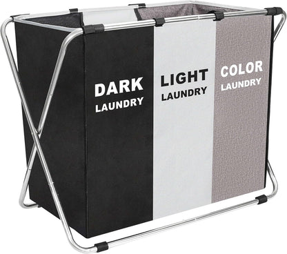 135L Laundry Cloth Hamper Sorter Basket Bin Foldable 3 Sections with Aluminum Frame 26''×24''H Washing Storage Dirty Clothes Bag for Bathroom Bedroom Home Storage Basket (Black+light grey+dark grey, 3