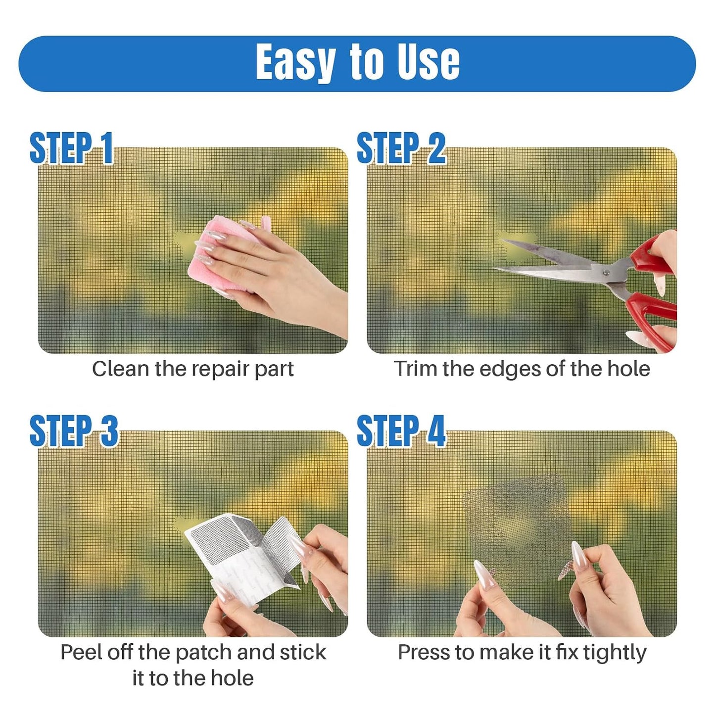 16Sheets Window Screen Repair Kit - Black Self-Adhesive Screen Patch Repair Kit, 4 Sizes Patches Mesh Tape for Mesh Screens Door, Window Drain Holes, Strong Adhesion Easy to Use