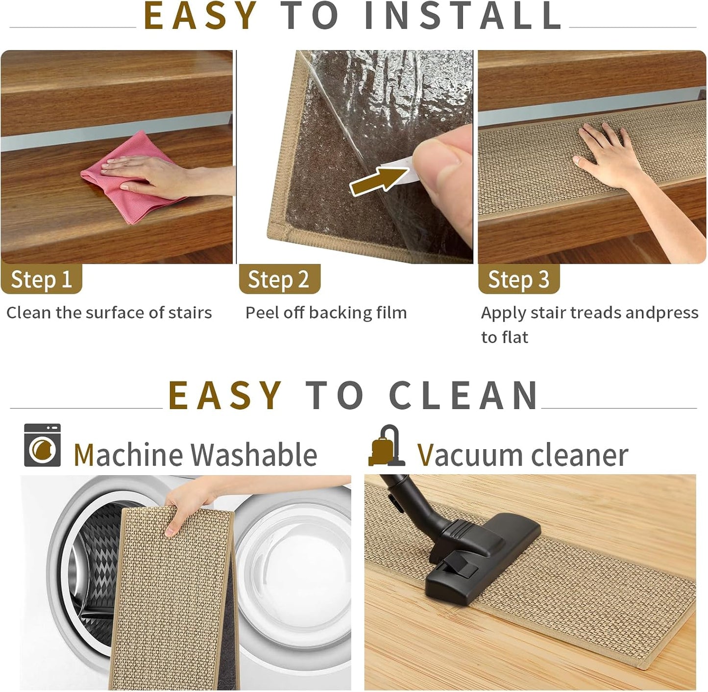 SMILOOL Stair Treads Non Slip for Wooden Steps Indoor 4 Pack 8" X 30" Carpet Stairs Runner for Wood Stairs, Stair Tread Rugs with Reusable Adhesive for Dogs Kids and Elders, Machine Washable, Brown