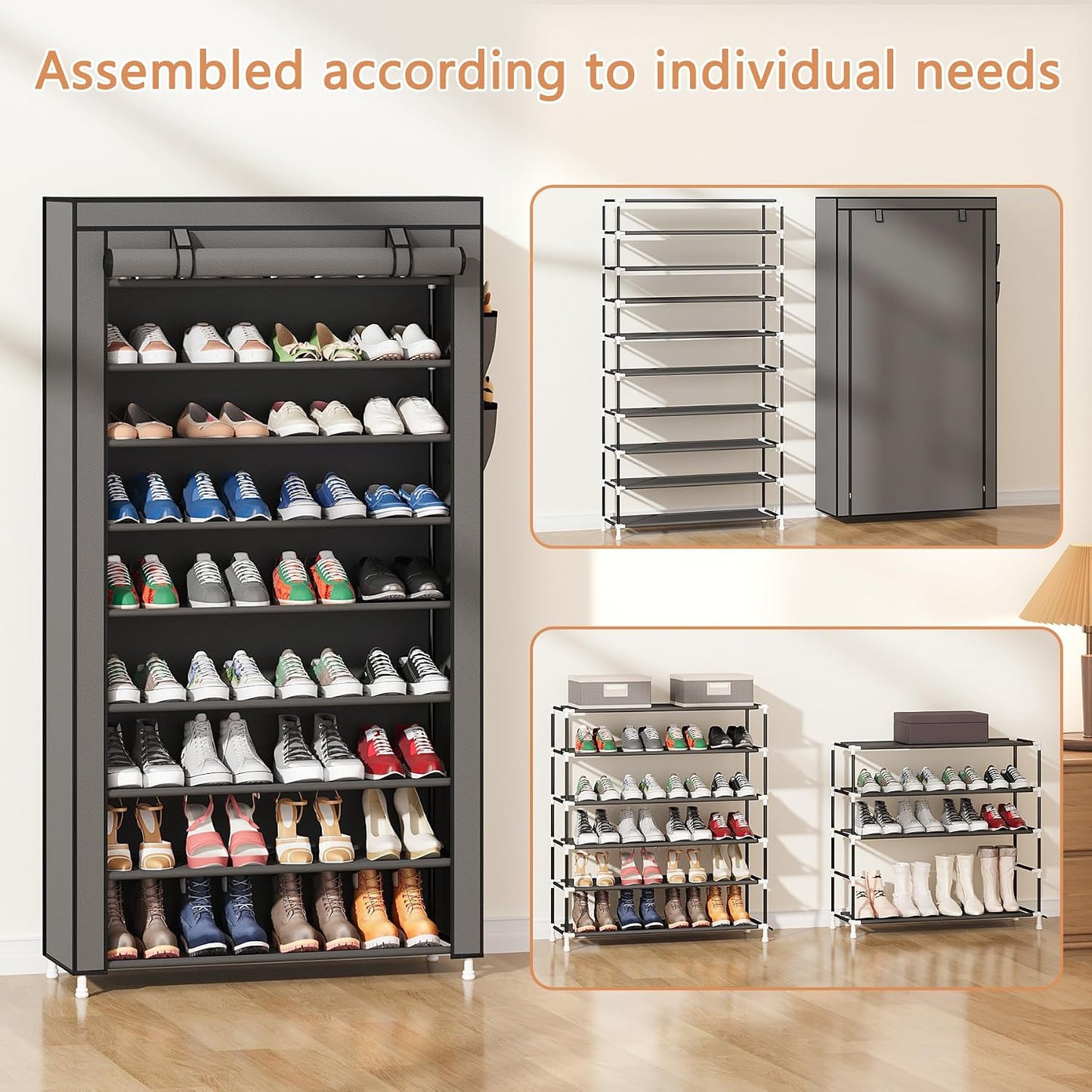 Laiensia 9-Tier Vertical Shoe Rack Organizer, Space Saving Shoe Storage Organizer, Non-Woven Cover Shoe Shelf Holds 36-45 Pairs for Bedroom, Hallway, Closet Entryway, Black