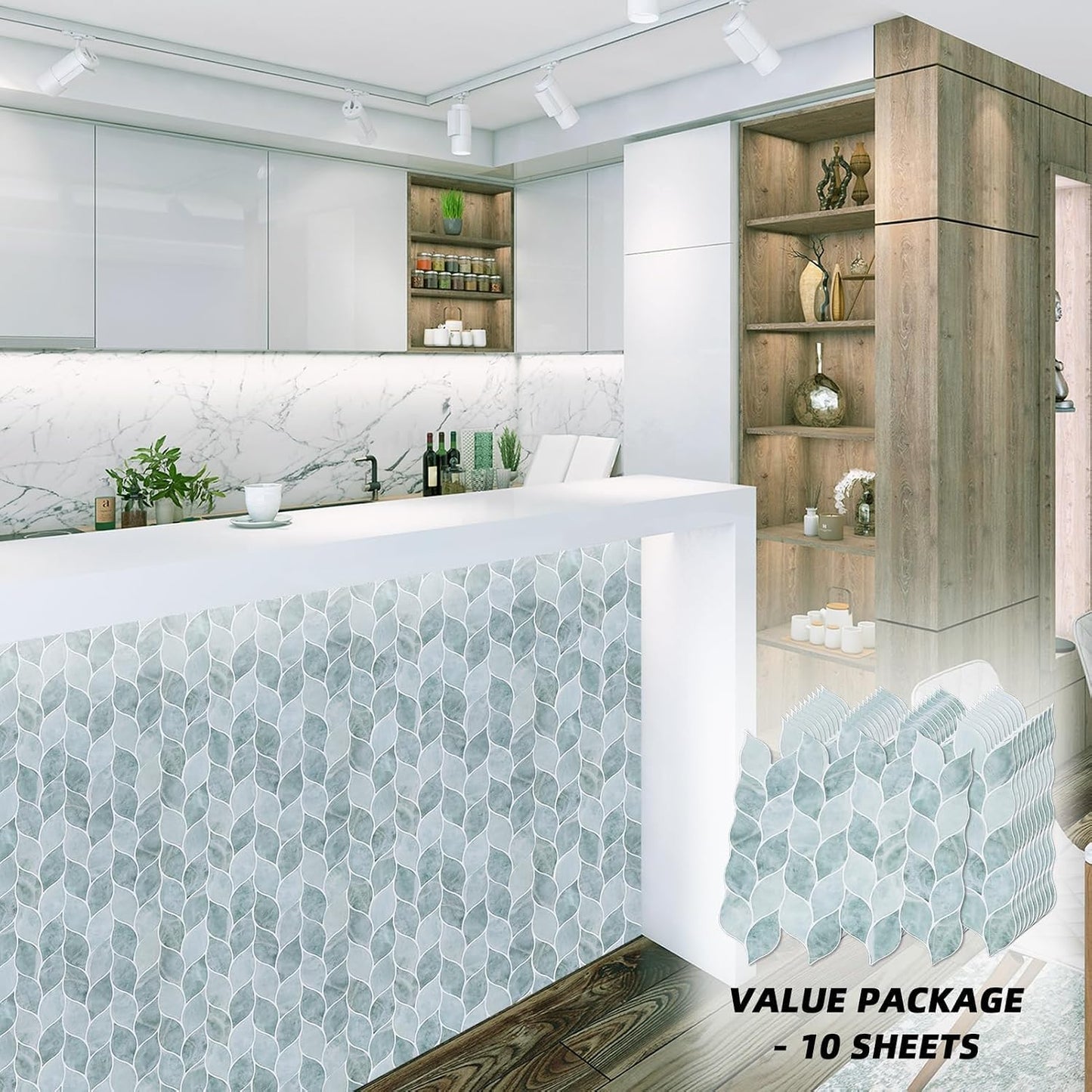 Tilingview 10 Pcs Vinyl Leaf Peel and Stick Tile for Kitchen Backsplash, Premium Self-Adhesive Tiles Plastic Wall Stickers Art Mosaics (Blue Gray)
