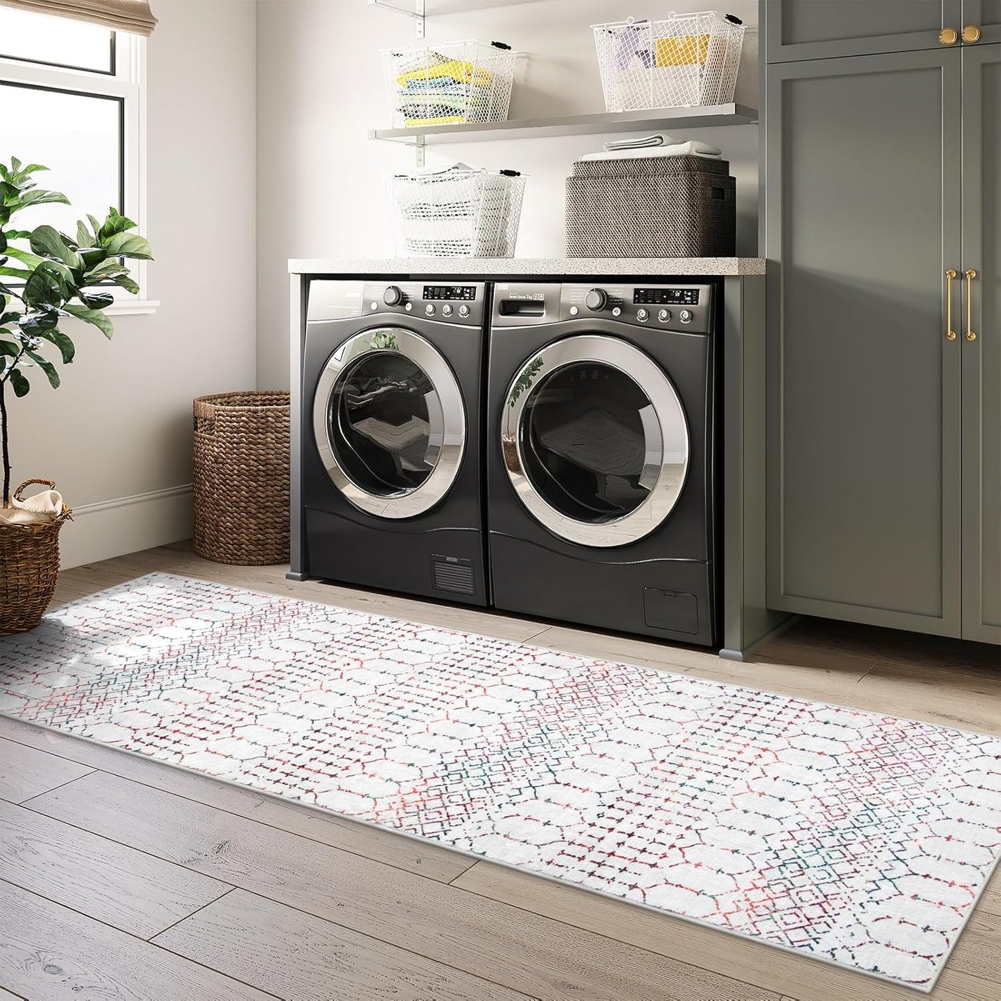 Lahome Moroccan Entry Rug 2x3, Non-Slip Washable Front Indoor Door Mat Rubber Backing Low-Profile Door Rugs, Small Geometric Print Distressed for Entryway Bathroom Kitchen, Black Hana
