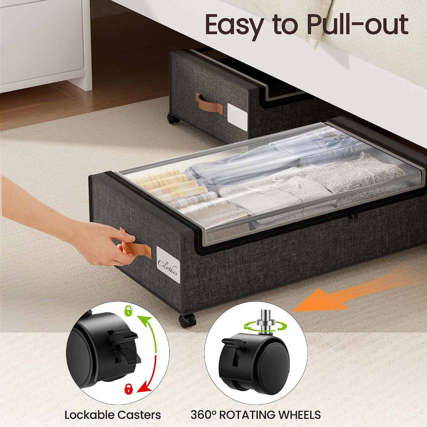 Yecaye Under Bed Storage with Wheels, 2 Pack Under Bed Storage Containers, 60L Underbed Shoe Storage with Clear Window & Label, Rolling Under Bed Metal Drawer for Clothes, Shoes, Books, Blankets