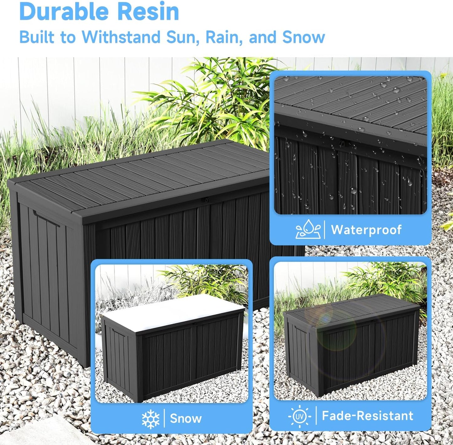 ROJIK 55Gal Outdoor Storage Box Waterproof Deck Box | Heavy-duty UV-resistant resin, space-saving for balcony/patio, stores cushions/tools/pool gear, lockable lid as table/bench