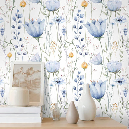 HeloHo Blue Floral Wallpaper Peel and Stick Self Adhesive Removable Wall Paper 16.1" X 118" Renter Friendly Waterproof Wallpaper Contact Paper for Furniture Living Room Bedroom Decor